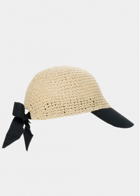 Beige jockey straw hat with black brim 