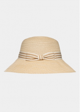 Beige hat with striped ribbon