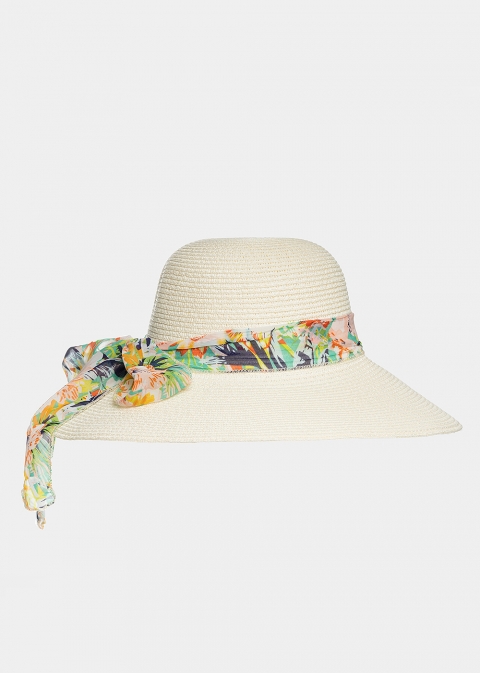 Ecru hat with colourful foulard