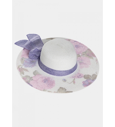 White hat with purple flowers and ribbon