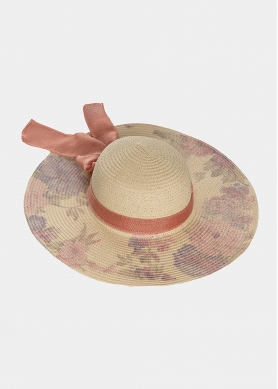 Beige hat with orange flowers and ribbon