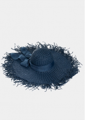 Blue hat with loose strands 