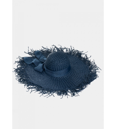 Blue hat with loose strands 