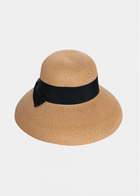 Brown Bell Straw Hat w/ Black Bow 