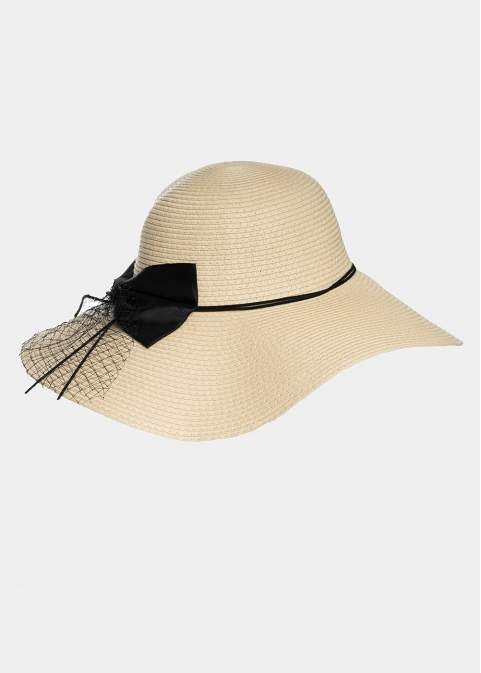Ecru black bow hat with net details 