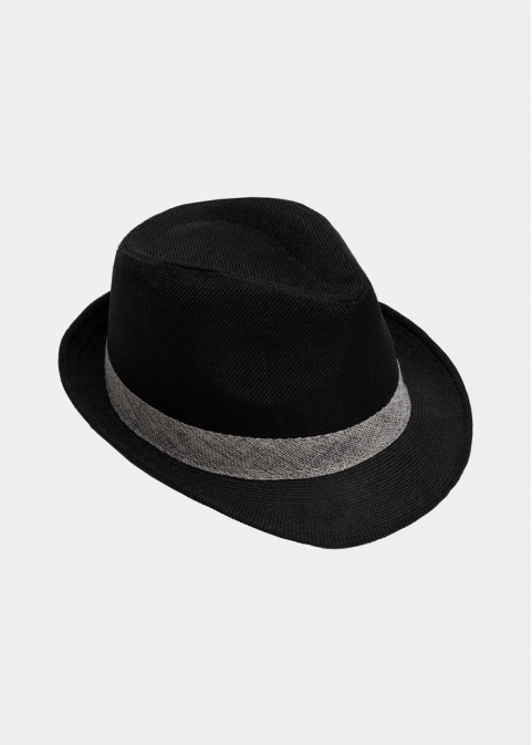 Black fedora with grey strap