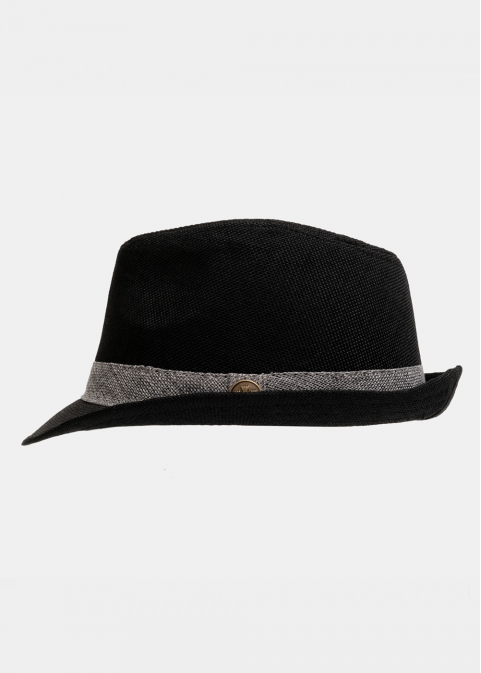 Black fedora with grey strap