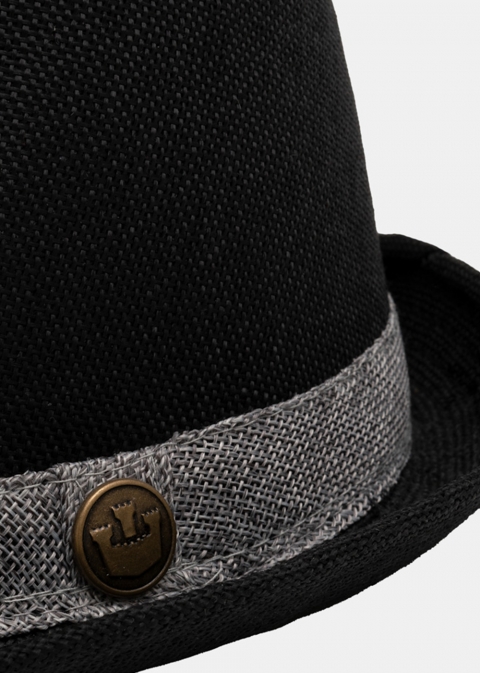 Black fedora with grey strap