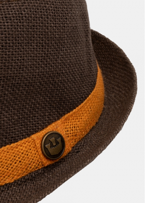 Dark brown fedora with orange strap