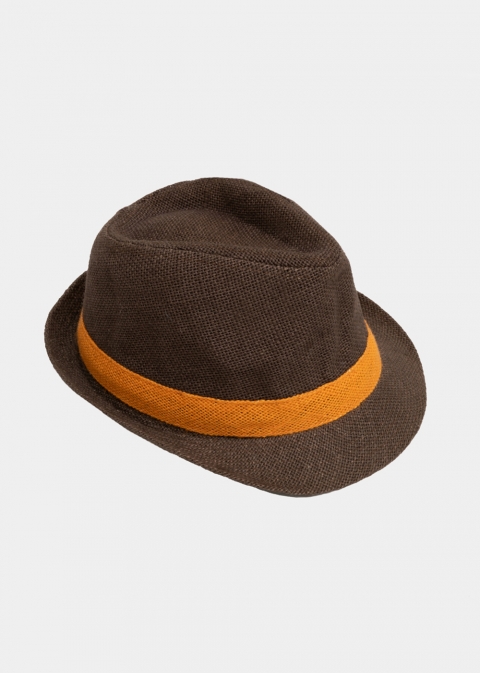 Dark brown fedora with orange strap