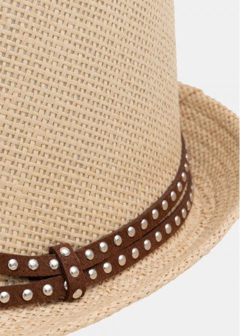 Beige fedora with brown leather strap