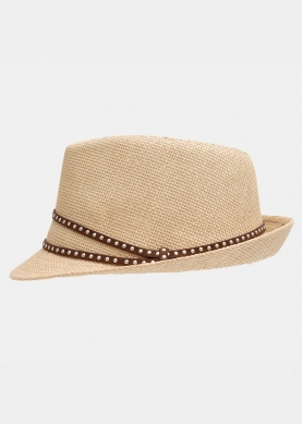 Beige fedora with brown leather strap