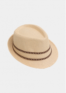 Beige fedora with brown leather strap
