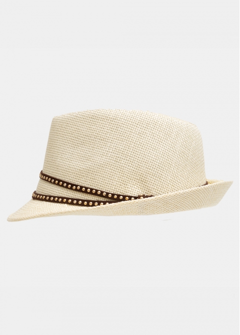 Ecru fedora with brown leather strap