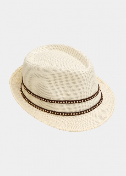 Ecru fedora with brown leather strap