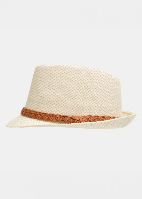 Ecru fedora with orange braided strap