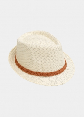 Ecru fedora with orange braided strap