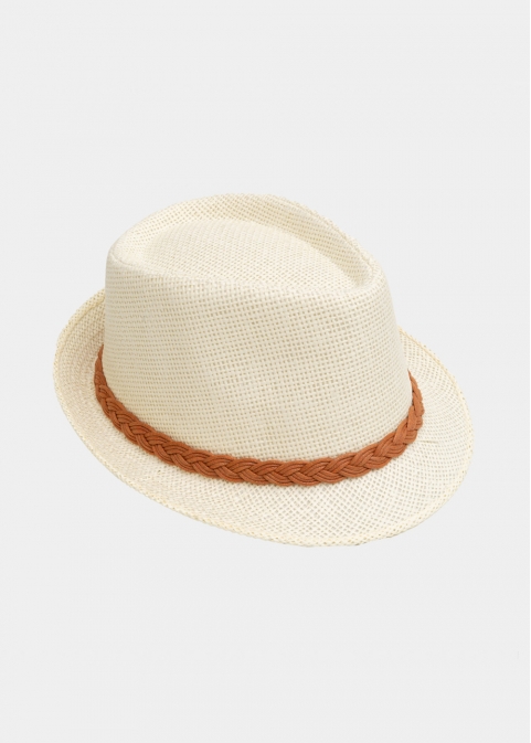 Ecru fedora with orange braided strap