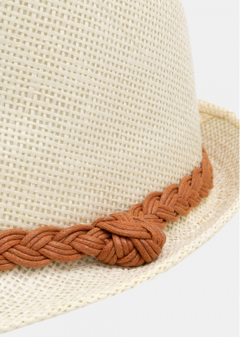 Ecru fedora with orange braided strap