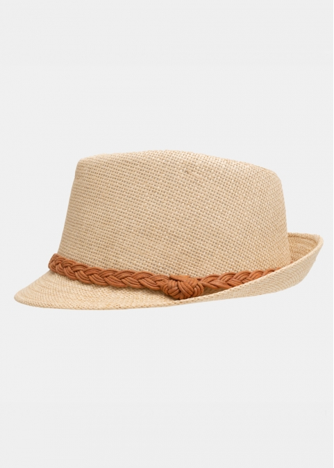 Beige fedora with orange braided strap