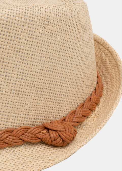 Beige fedora with orange braided strap