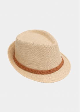 Beige fedora with orange braided strap