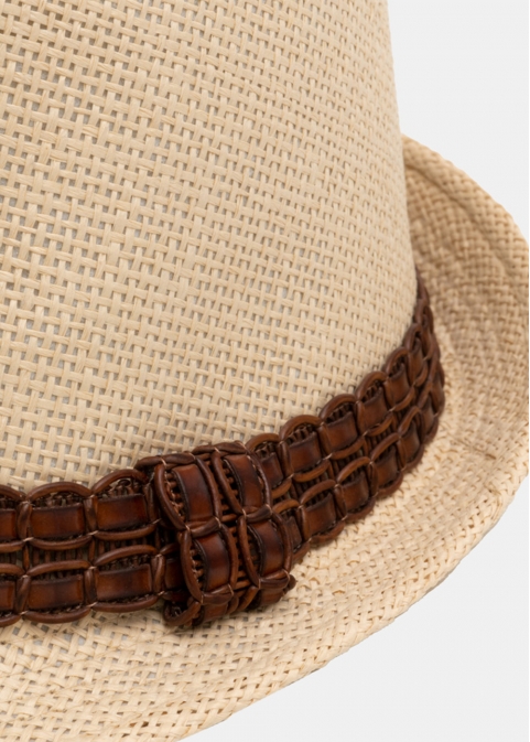 Beige fedora with dark brown leather strap