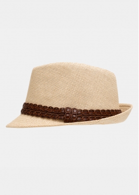 Beige fedora with dark brown leather strap