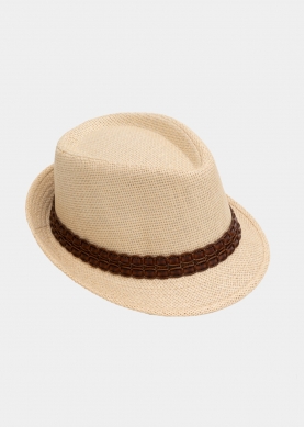 Beige fedora with dark brown leather strap