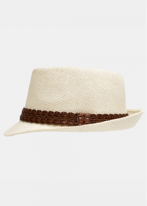 Ecru fedora with dark brown leather strap