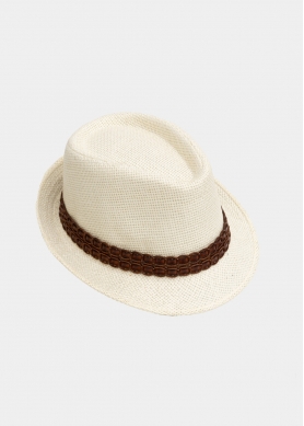 Ecru fedora with dark brown leather strap