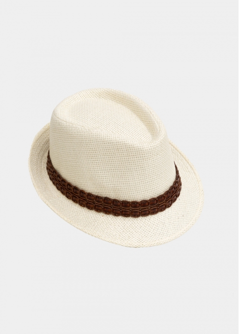 Ecru fedora with dark brown leather strap