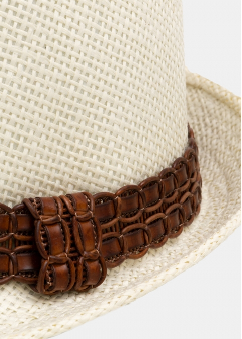 Ecru fedora with dark brown leather strap