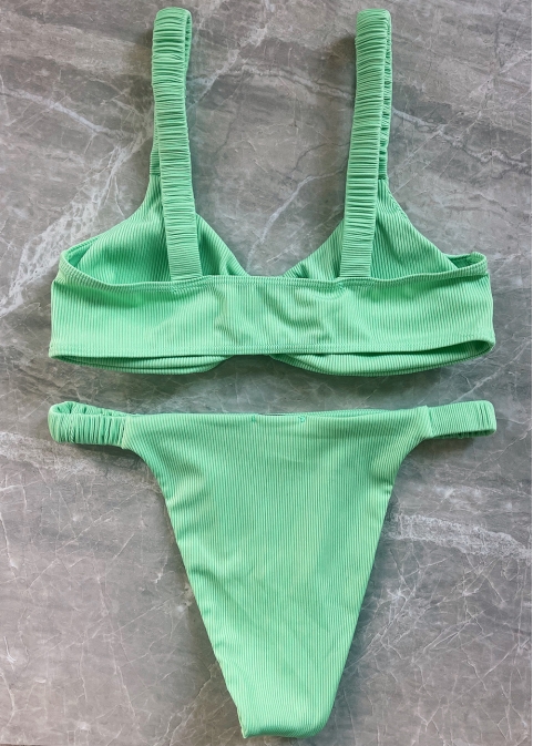 Ribbed Double Twist High Cut Bikini Swimwear - Light Green