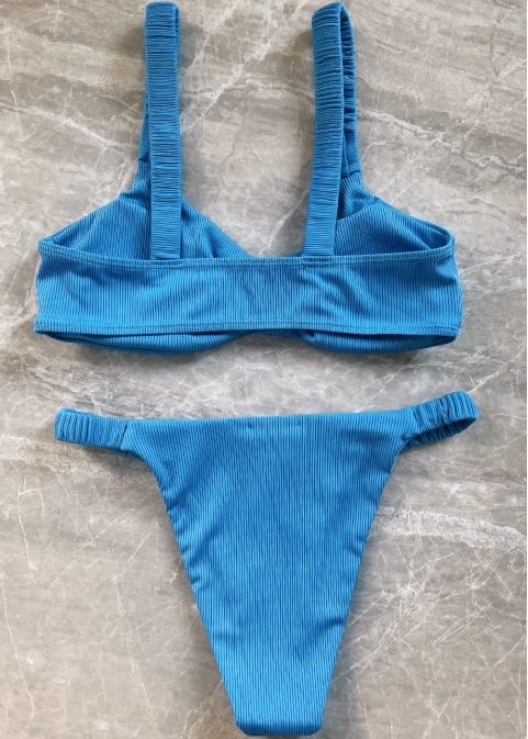 Ribbed Double Twist High Cut Bikini Swimwear - Blue