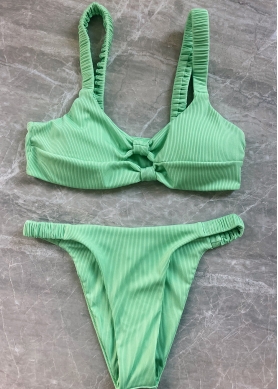 Ribbed Double Twist High Cut Bikini Swimwear - Light Green