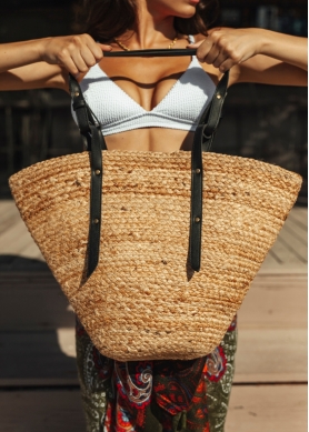 Jute Beach Bag w/ Black Leatherette Handles