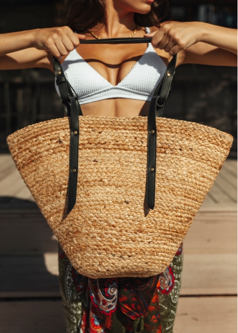 Jute Beach Bag w/ Black Leatherette Handles