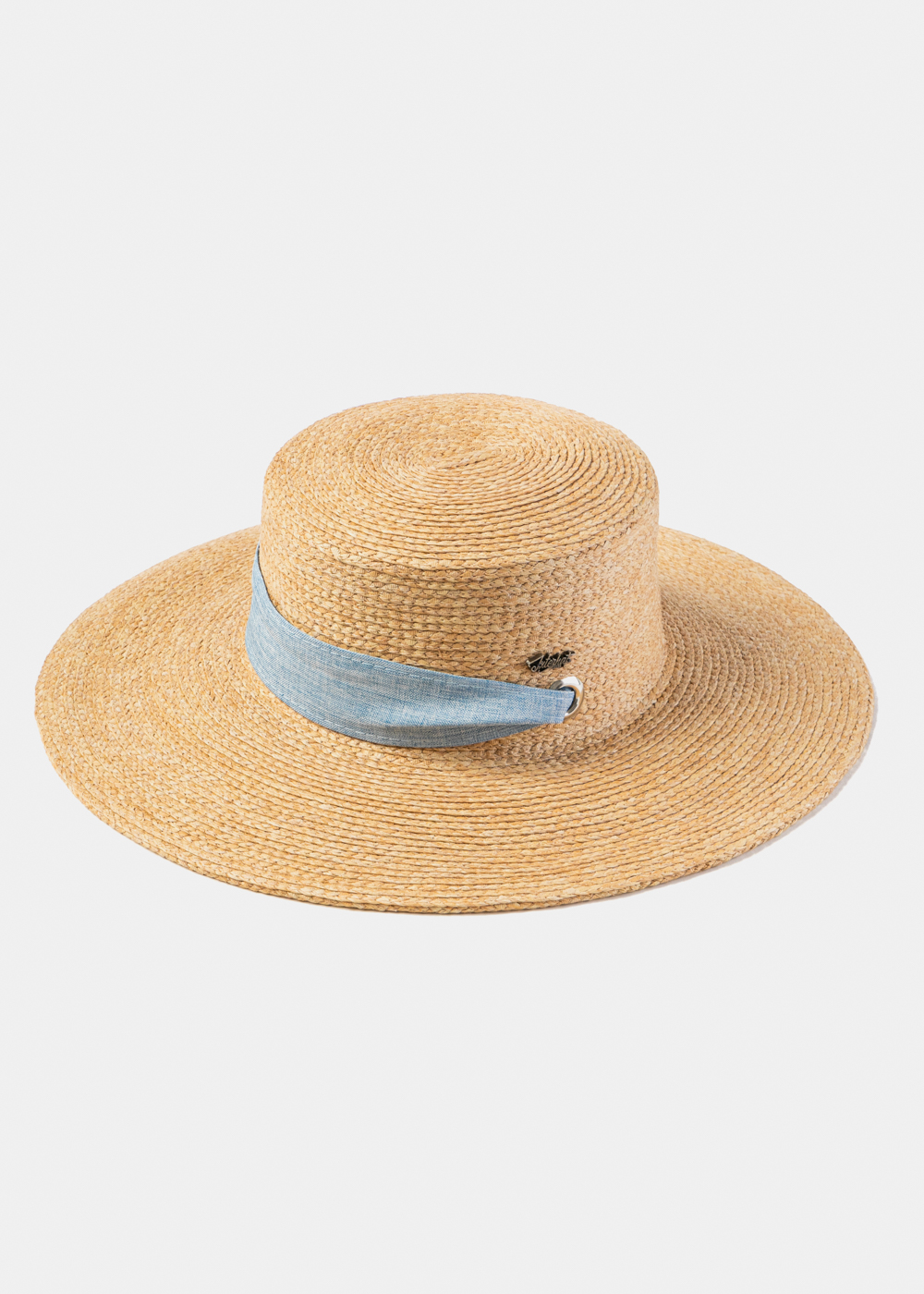 Natural Raffia Hat w/ Light Blue Neck Tie Ribbon