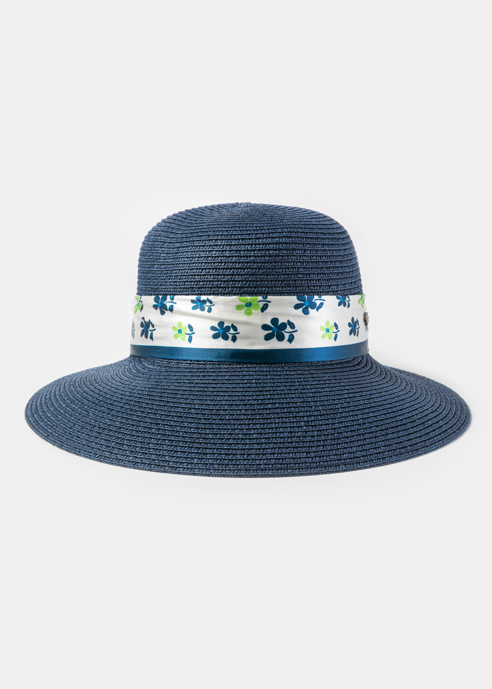 Navy Blue Hat w/ Patterned Satin Ribbon