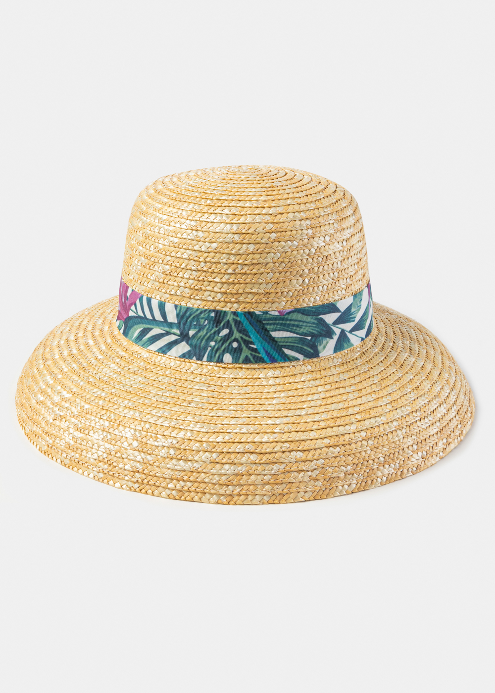 Natural Straw Bell Hat w/ Patterned Ribbon