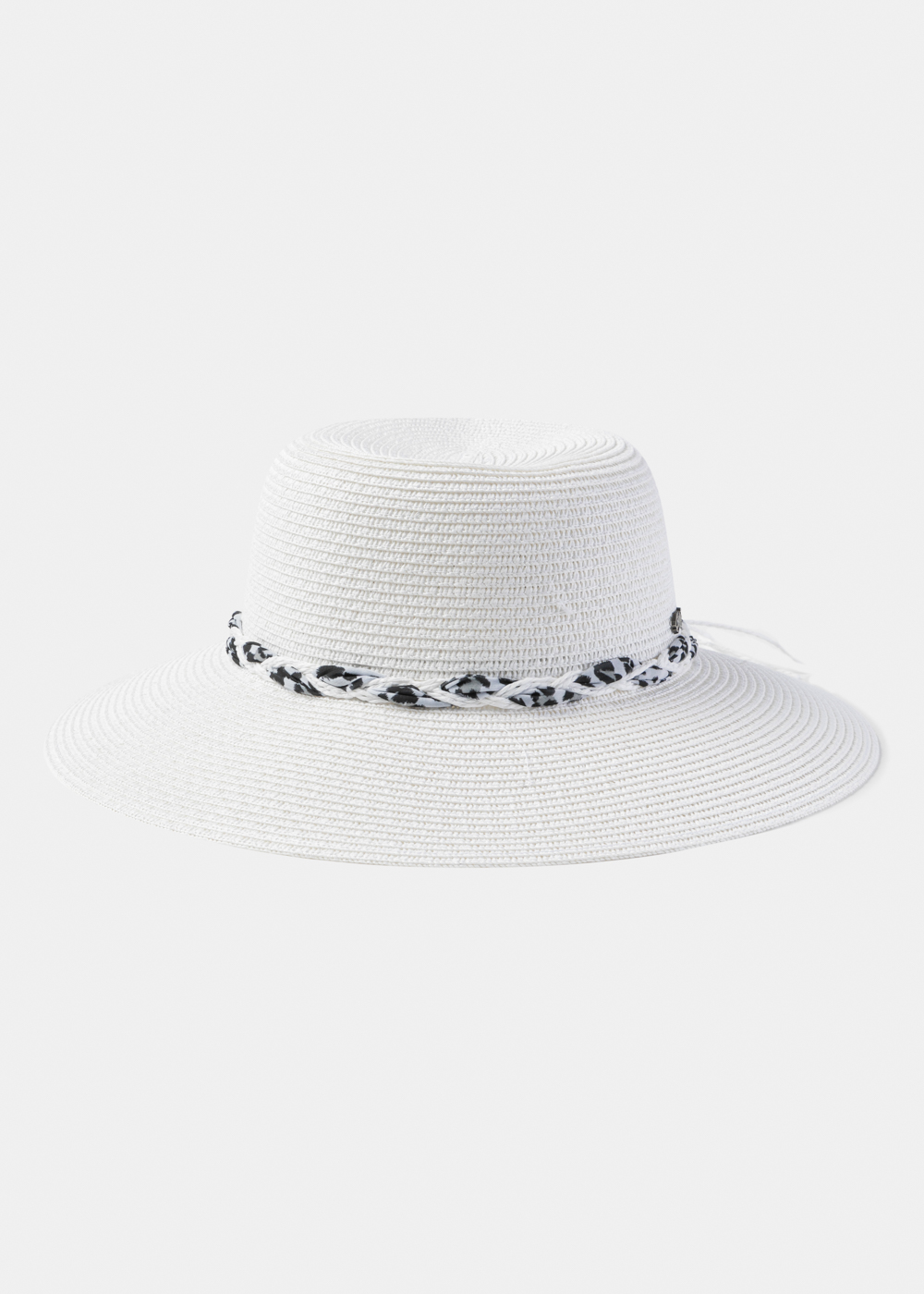 White Hat w/ Leopard Braided Ribbon