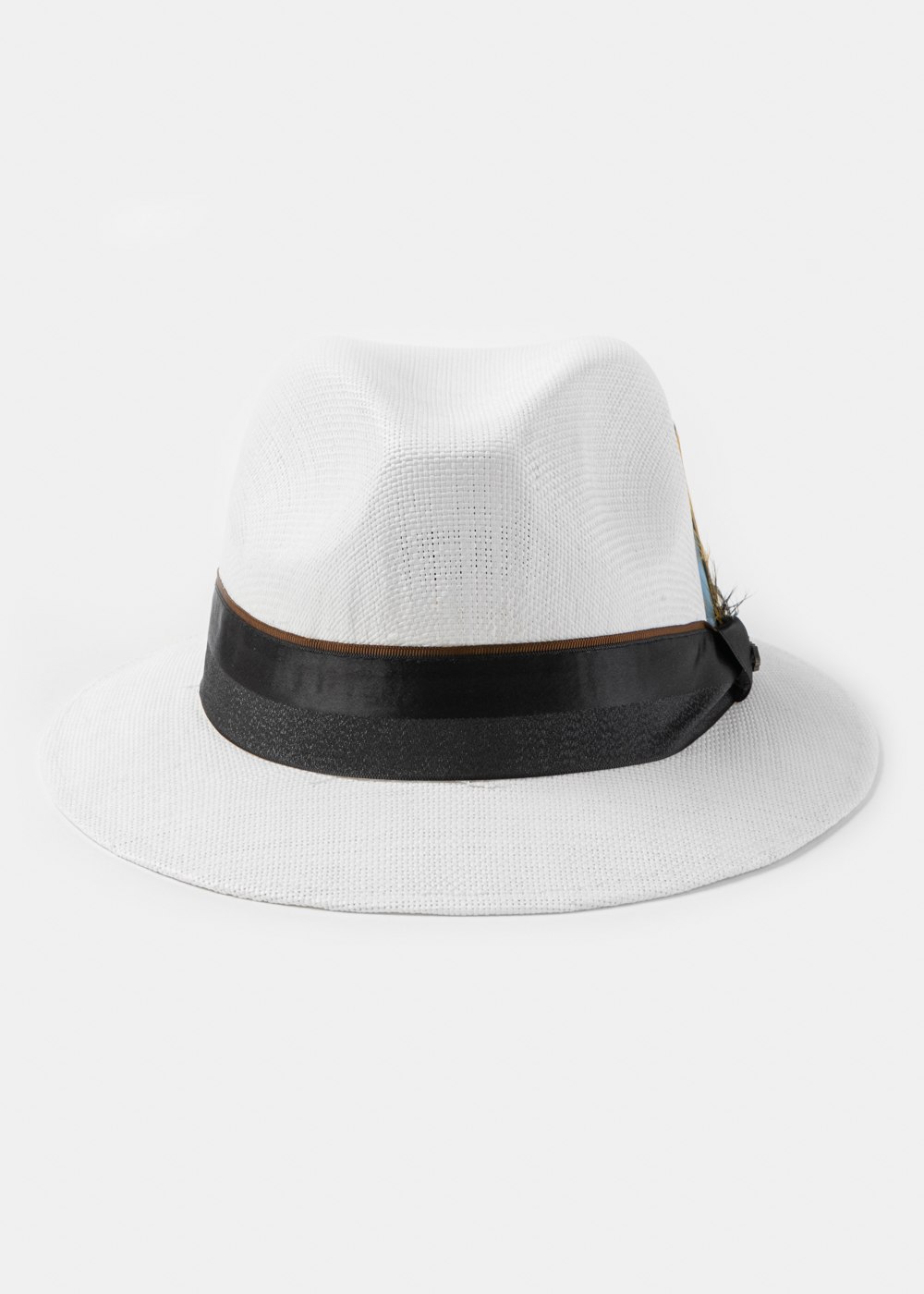 White Panama Style Hat w/ Black Hatband & Feathers