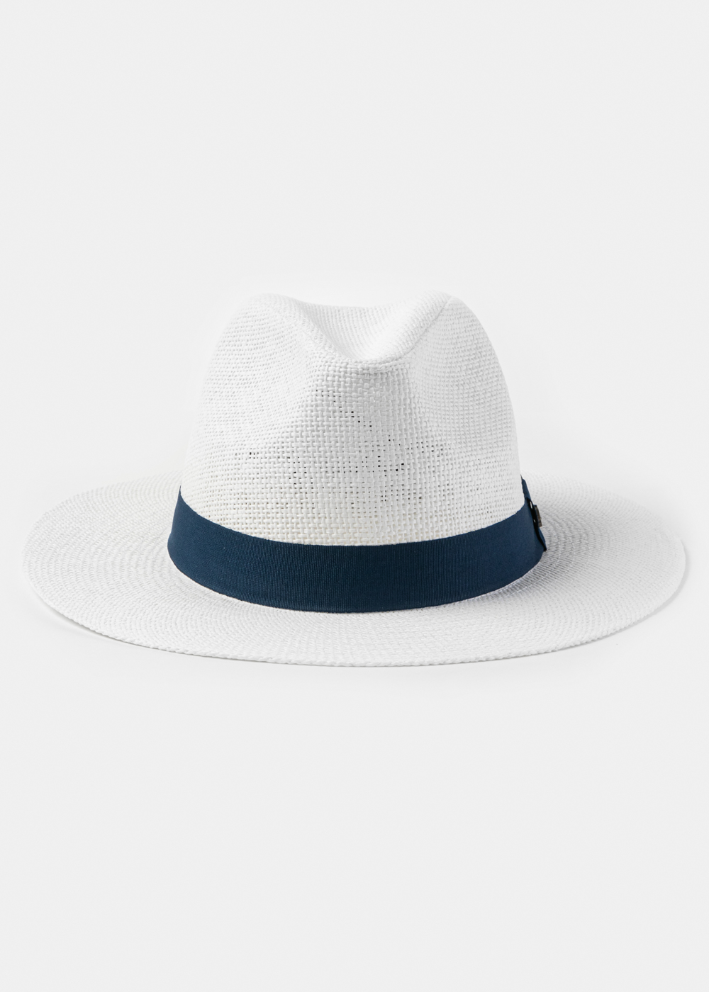 White Panama Style Hat w/ Navy Blue Hatband