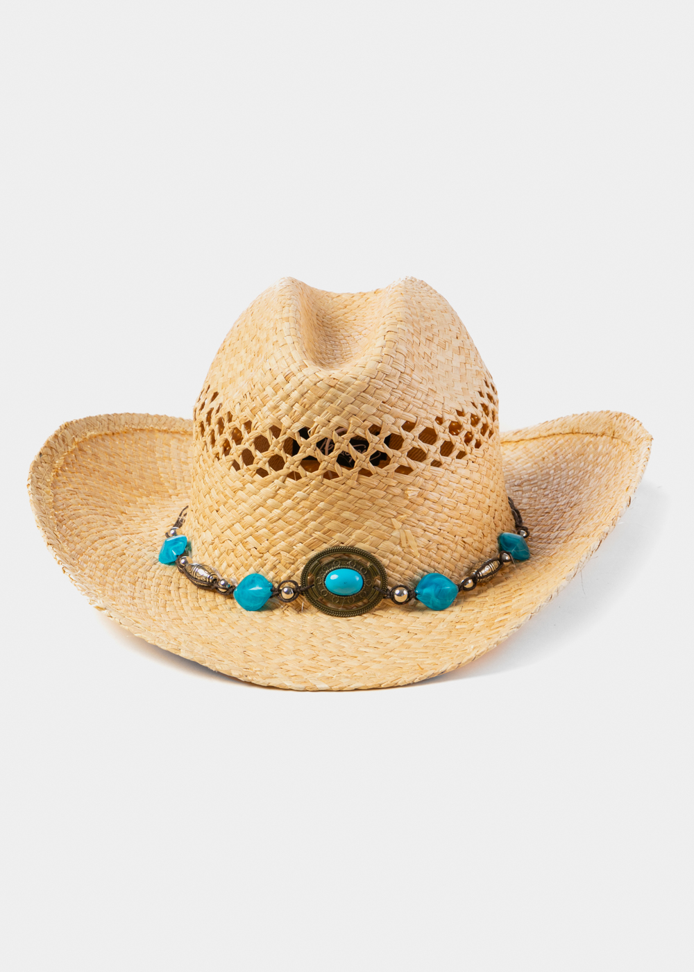 Natural Raffia Cowboy Style Hat w/ Blue Stones