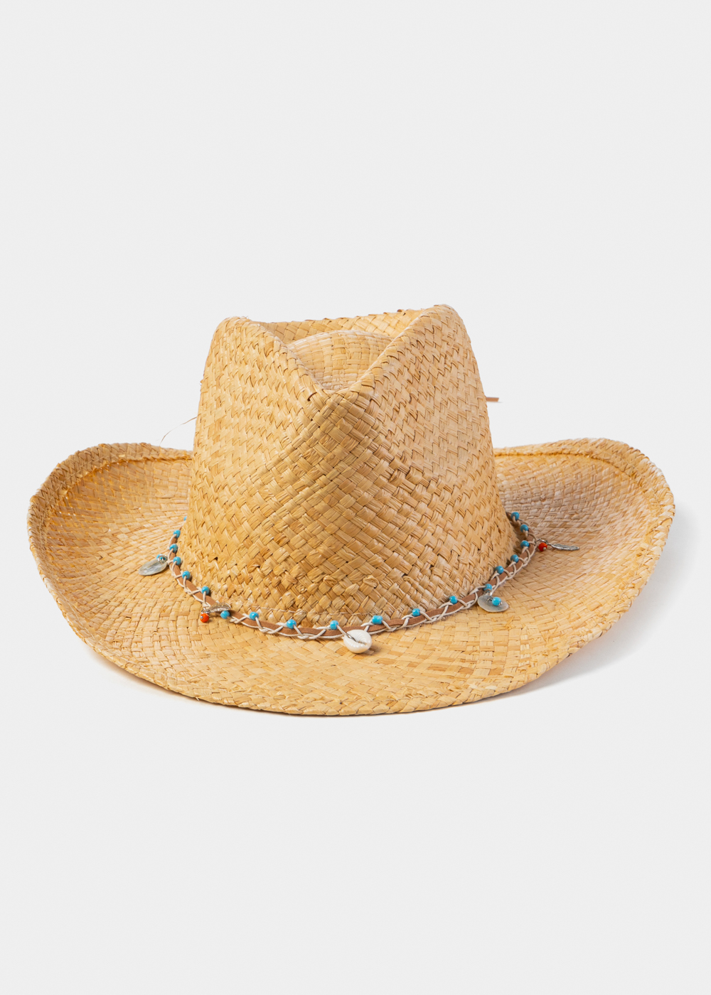 Natural Raffia Cowboy Style Hat w/ Seashells