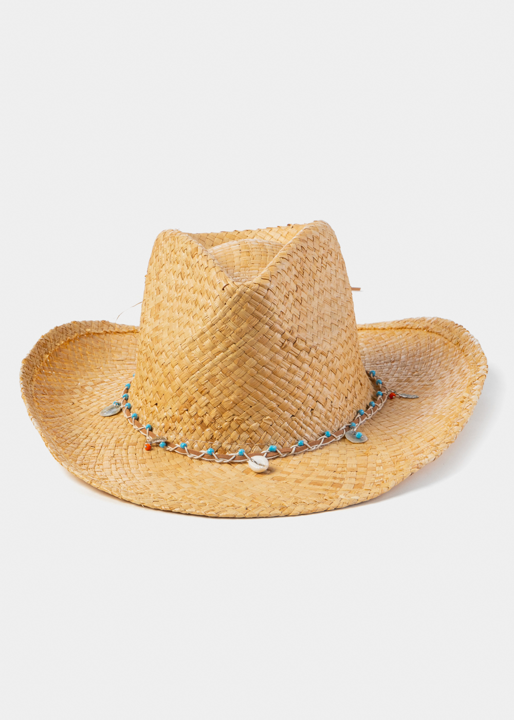 Natural Raffia Cowboy Style Hat w/ Seashells