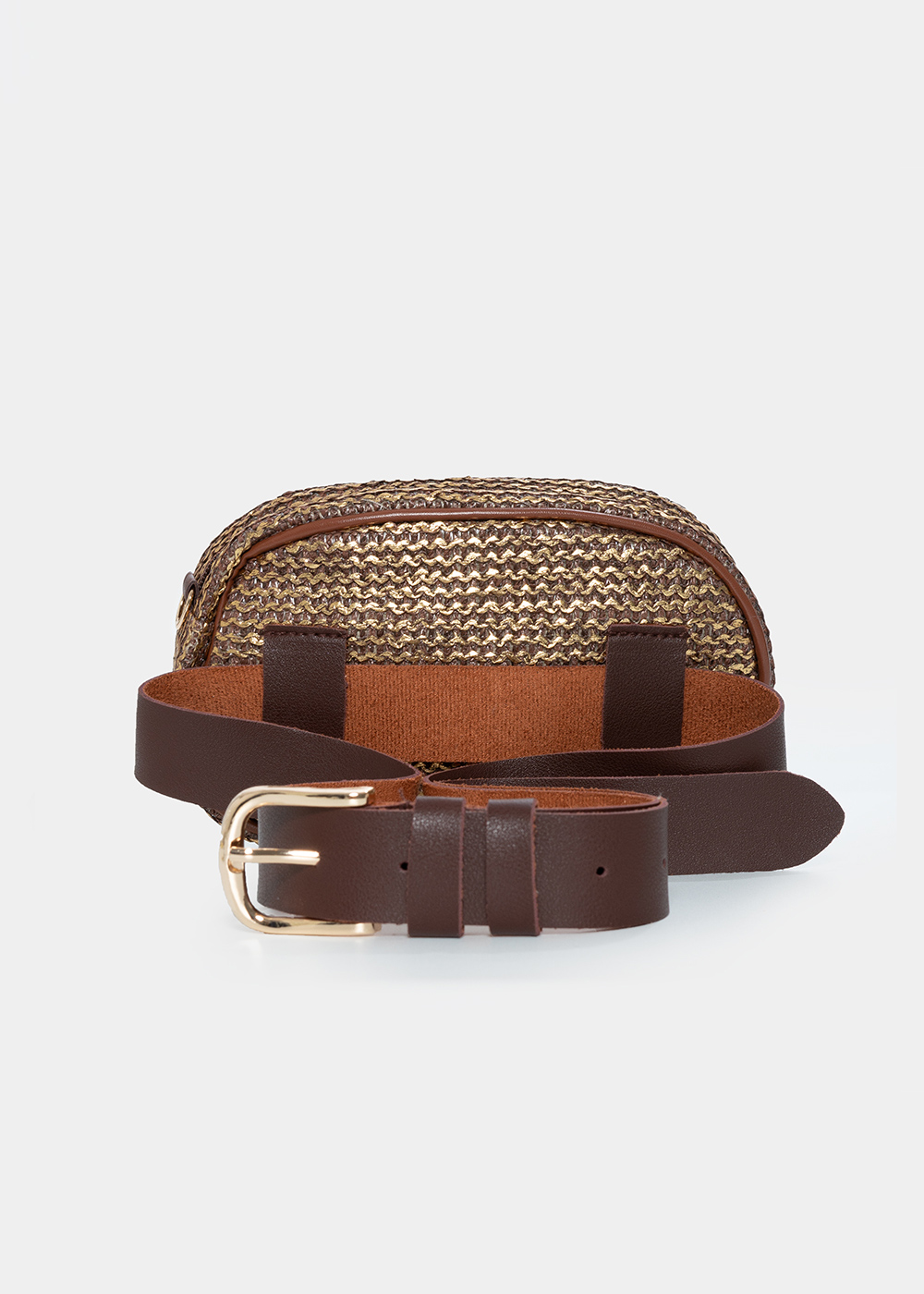 straw small belt bag in brown rose gold