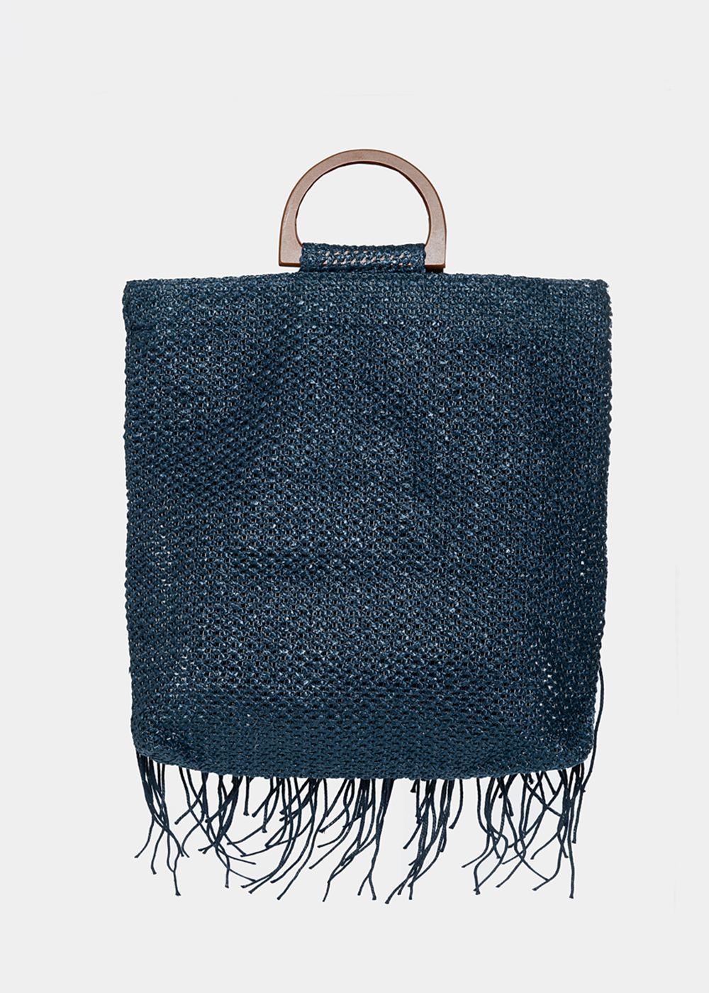 straw bag with fringes in navy blue