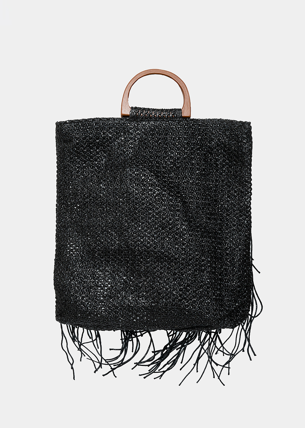 straw bag with fringes in black